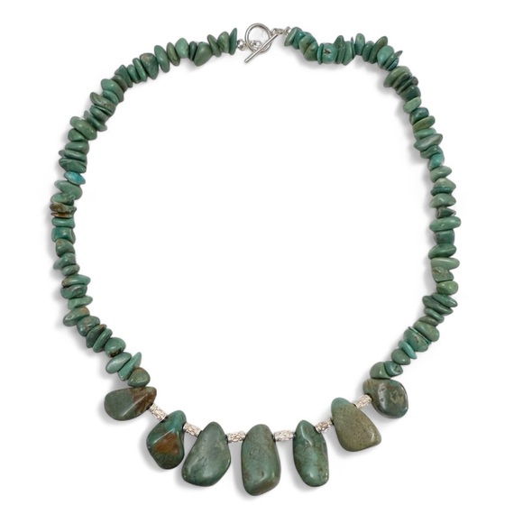 Green Turquoise Chunky Nugget Beaded Sterling Silver Clasp Beads Necklace 18”